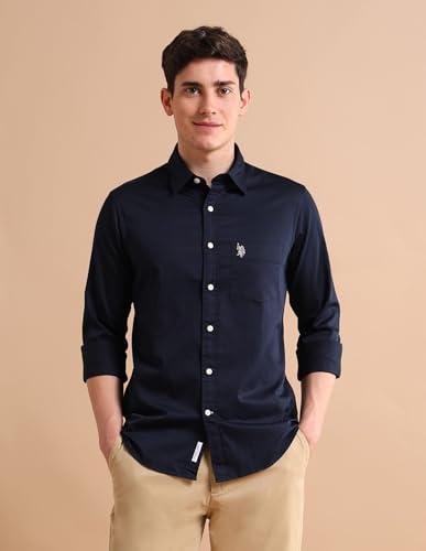 Image of U.S. Polo ASSN. Solid Tailored Fit Shirt for Men - 100% Cotton, Breathable & Comfortable, Full Sleeves Casual Shirt for Men