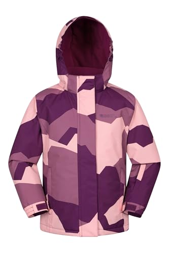 Image of Mountain Warehouse Snowdrop Printed Kids Ski Jacket - Waterproof, Integrated Snowskirt, Detachable Hood, Adjustable Cuffs -Best for Snowboarding, Winter Sports Berry Kids Size 11-12 Years