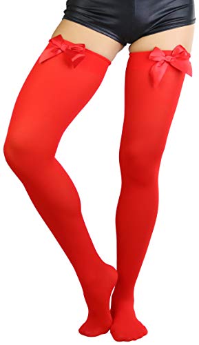 Image of ToBeInStyle Women's Opaque Long Thigh High Stockings w /Decorative Front Satin Bow