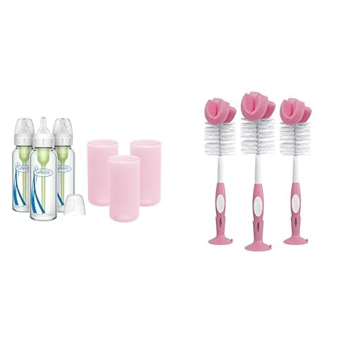Dr. Brown's Anti-Colic Options+ Narrow Glass Baby Bottles 8oz and Level 1 Slow Flow Nipple, 3-Pack 0m+ and Pink Silicone Sleeves and Bottle Cleaning Sponge Brush Suction Cup Stand, Pink, 3 Pack