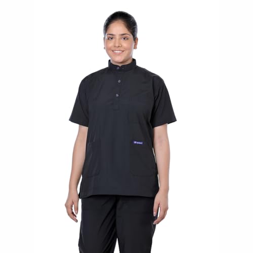 Image of Women's 5-Pocket Scrub Suit | Set of Top & Pant | Half Sleeves | Mandarin Collar | Breathable Polyviscose Fabric | Comfortable | Durable | Uniform for Doctors Nurse & Dentist BLK M