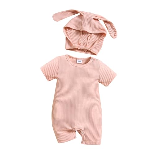 TYUSGH Mameluco de manga corta para recién nacida, mono acanalado con gorro para sesión de fotos, fiesta de baby shower, rosa, 12-18 meses