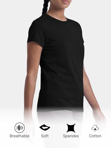 Image of Enamor Short Sleeve Crew Neck Regular Length Basic Crew T-Shirt for Women - Slim Fit, Soft and Breathable Stretch Cotton - E047