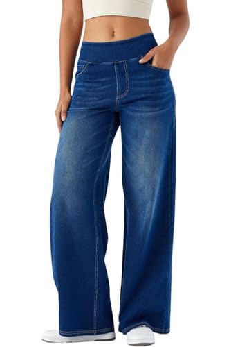 Yollmart Women Wide Leg Jeans Elastic High Waisted Pull On Baggy Denim Pants with Pocket