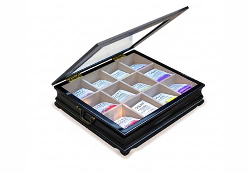 CHEZ MONETT Tea Chest 12 Compartments Tea Bag Large Storage Box with Beveled Glass Lid