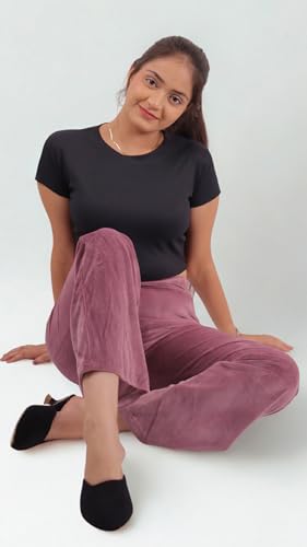 Image of Pink Shell Women's High Waist Bell Bottom Pants in Velvet