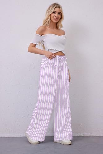 Image of MISSACTIVER Women Drawstring Striped Pants Loose Wide Leg Trousers Casual Low Waist Pants Comfy Lounge Pants with Pockets