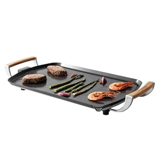Boska Plancha Électrique Pro – Plaque Teppanyaki 35x56 cm – Revêtement Céramique sans PFAS – Thermostat Réglable – Écoulement des Graisses – Poignées en Chêne – Noir