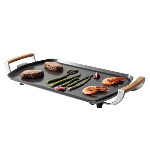 Boska Elektrische Grillplatte Pro – Tischgrills - Teppanyaki-Platte 35x56 cm – PFAS-freie Keramikbeschichtung – Temperaturregelung – Fettablauf – Griffe aus Eichenholz – Schwarz