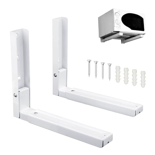 2X Heavy-Duty Wall-Mounted Microwave Brackets – Foldable, Adjustable Stainless Steel Shelf for All Microwave Ovens | Space-Saving, 50kg Load Capacity | Rustproof & Ventilated Design (White)