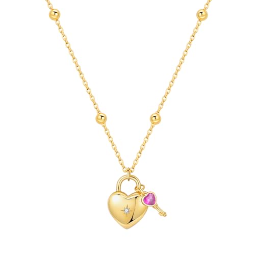 Image of CYMYSS Gold Plated Necklace for Women 925 Sterling Silver Pendant Necklace with Adjustable Chain 40+5CM Layered Double Necklace Clavicle Birthday Gifts for Women (Love Lock Key Necklace)