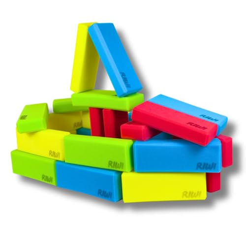 RIWI Lot de 24 mini blocs de construction - Petits blocs de construction en mousse souple - Pions compacts - Certifiés TÜV et Öko-Tex - Lavable en machine