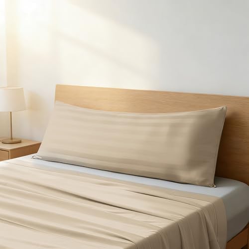 Image of 100% Egyptian Cotton Body Pillow Cover Long Pillow Case, 600 Thread Count Bed Pillow Protector with Zipper, Sateen Weave Full Body Pillowcase for Adults 20x54 Inches (1PC, Body, Striped Beige)