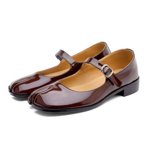 VOZTOLLS Mary Jane Flats Women Tabi Split Toe Low Block Heel Mary Jane Pumps Comfortable Casual Walking Dress Party Flats Shoes Dark Brown Size 7