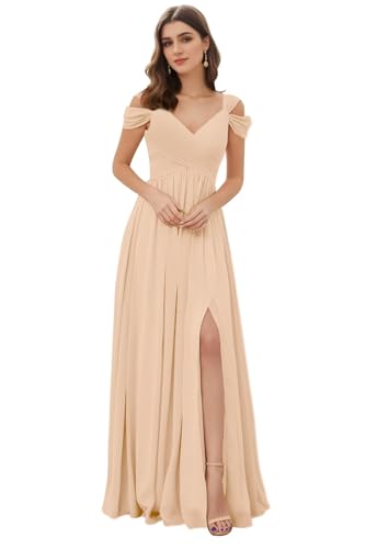 Women's Off The Shoulder Bridesmaid Dresses A-Line Formal Dresses Slit V-Neck Ruched Chiffon Evening Party Gowns