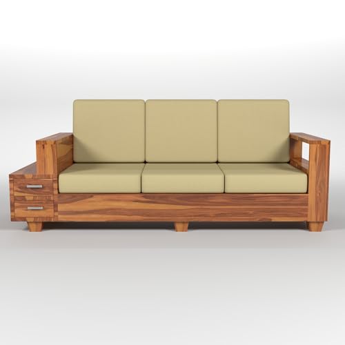 Image of Solid Sheesham Wood 5 Seater Sofa Set | Five Person Sofa with Drawer Storage | 3+1+1 Wooden 5 Seater Sofa Set for Living Room Home Decor (Design 26)
