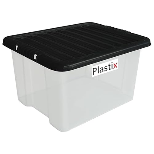 Plastix Clear Plastic Storage Box Boxes With Black Lids Home Office Stackable UK Made (1, 50L)