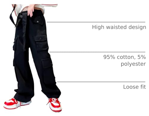 Image of Rolanko Girls Cargo Pants Baggy Y2K Cargo Trousers Jeans Wide Leg Pants with Multi Pockets 4-15 Years