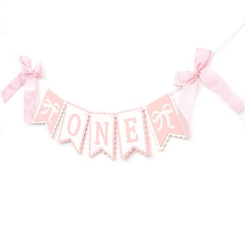 Image of Bow First Birthday High Chair Banner - Pink Bow 1st Party Decoration,Coquette First High Chair Banner,Coquette One Birthday Photo Prop(bow first)