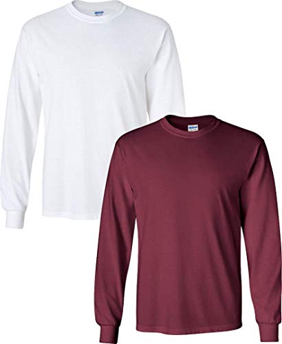 Gildan Men's Heavy Cotton Long Sleeve T-Shirt, Style G5400, 2 Packs Large White-Maroon