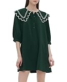 D-Sun Women's Babydoll Dress 3/4 Sleeves Peter Pan Collar Casual Loose A Line Flowy Fall Mini Dress Green