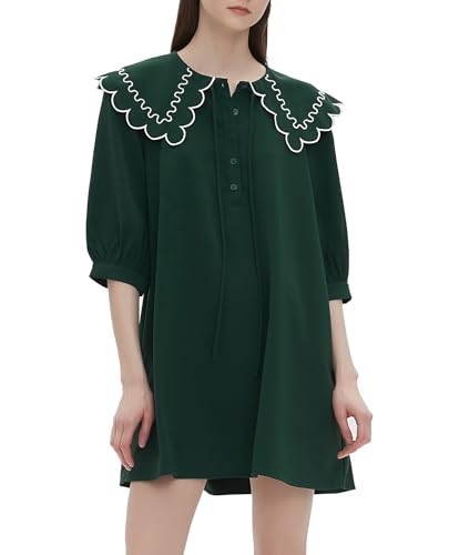 D-Sun Women's Babydoll Dress 3/4 Sleeves Peter Pan Collar Casual