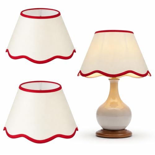 VIHOSE 9.4 Bottom x 5.9 High x 5.1 Top Set of 2 Beige Lamp Shade with Petal Edge Fabric Chandelier Scalloped Lampshade for Floor Wall Lamps Table Bedroom Living Room(Red Edge)