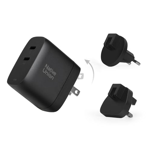Native Union Fast GaN Charger PD 67W| Dual USB-C Portable Multi Charger, Smart Power, Plugs for Travel, for Apple iPhone, iPads, MacBooks, Android, Samsung, Surface, PC, Laptops - Black