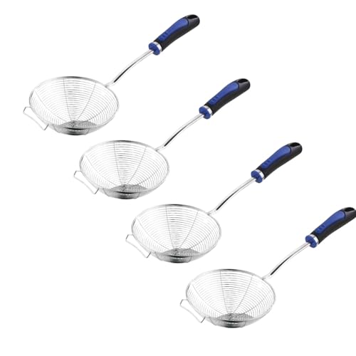 Image of Stainless Steel Jhara for Frying Big Size | Deep Fry Mesh Skimmer Spoon for Frying | Wire Skimmer, Puri Strainer, Cooking Oil Strainer for Kitchen, Durable Long Blue Handle - 16CM, Pack of 4