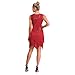 Women's Glitter Sequin Tiered Tassel Slim Fit V Neck Sleeveless Pull On Fringe Dance Dress