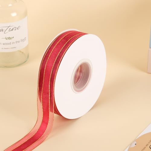 CABODYALS 45.72M 25mm Burgundy Organza Ribbon Gold Edge Red Sheer Transparent Trim Clear Soft Smooth Fabric Mesh Voile Chiffon Ribbons With Spool for Making Bow Gift Wrapping Hair Braid Wedding DIY - Image 3