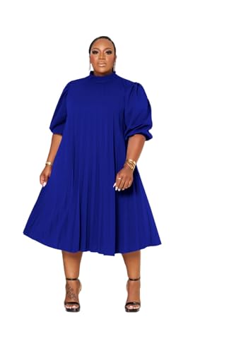 Tycorwd Womens Plus Size Casual Pleated Dress Summer Short Sleeve Flowy Swing Dress Loose Beach Dresses Royal Blue 3XL