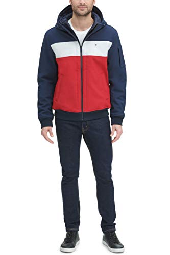 Image of Tommy Hilfiger Men's Soft Shell Fashion Bomber With Contrast Bib and Hood