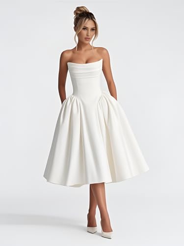 Strapless Satin Wedding Dresses for Bride Tea Length A Line Prom Dress for Women Pleated Formal Cocktail Party Gown3