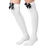 dressforfun 303446 Damen Overknee Strümpfe mit schwarzer Schleife, Lange hohe Überknie Halterlose, Polyester & Elastan, weiß