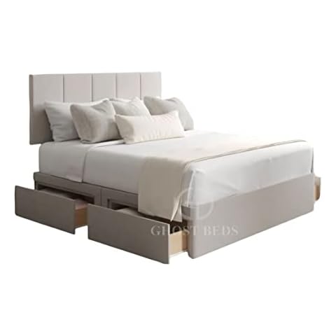 GHOST BEDS Minister Divan Bed Set 2 Drawer Same Side + 10" Ortho Mattress + 24" Matching Headboard (4FT6 DOUBLE, CREAM) Cover