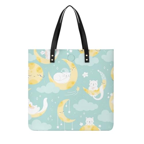 Sac à main tote bag lune chat blanc grand format 39x39cm pour femmes