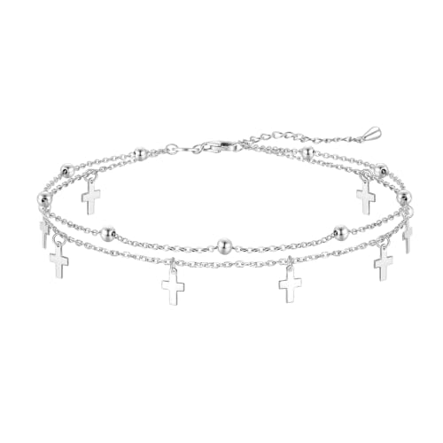 Image of CHIC & ARTSY 925 Sterling Silver Ankle Bracelets for Women, Dainty Adjustable Layered Foot Chains with Symbolic Charms, Boho Beach Everyday Lightweight Jewelry