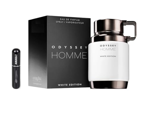 Perfume Odyssey Homme White Edition Eau de Parfum 100 ml, Perfume Árabe para Hombre de Larga Duración, Incluye Atomizador Recargable 5 ml, Fragancia Fresca y Amaderada (Homme White Edition)