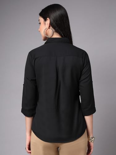 Image of Style Quotient Women Solid Navy Viscose Rayon Semi Formal Shirt