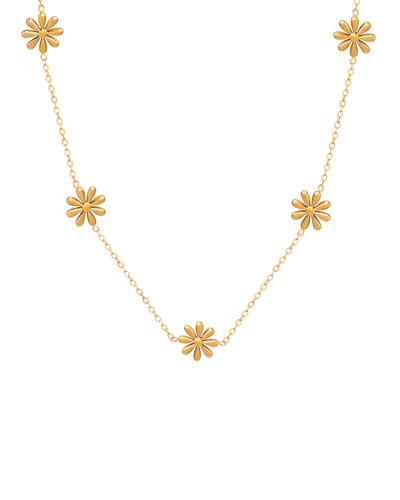 18K Gold Plated Daisy or Gold Ball Station Necklace for Women - Delicate Titanium Steel Non-tarnish Choker with Adjustable Chain, Perfect Layering Jewelry