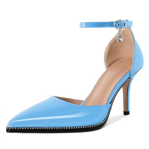 Soireelady Womens High Heels Beaded Pumps Stiletto Ankle Strap Pointed Toe D'Orsay Heel Dress Shoes Patent Leather 3.5 Inch