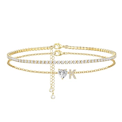 Image of Gold Initial Ankle Bracelets for Women 14K Gold Plated CZ heart Tennis Anklets for Women Waterproof Layered Adjustable Letter Anklets Large Ankle Summer Beach Foot Jewelry