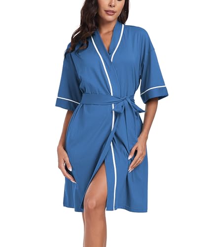 Image of ANLIQI Womens 100% Cotton Robes Lightweight Summer Short Sleeve Lady Bathrobe Knee Length Kimono Robe Sleepwear with Pockets