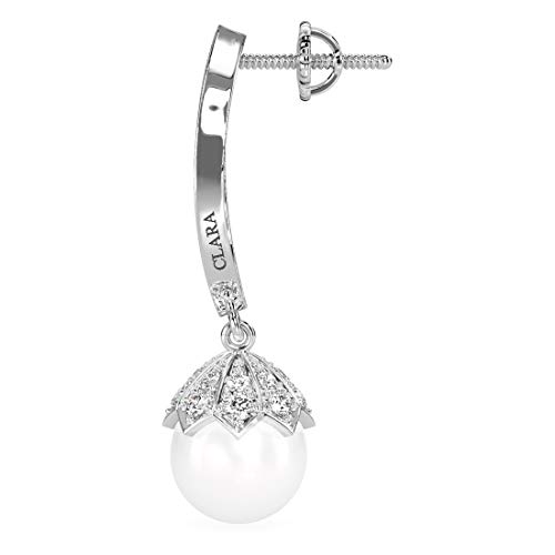 Image of CLARA 925 Sterling Silver Pearl Earrings | Rhodium Plated, Swiss Zirconia, Screw Back | Gift for Women & Girls