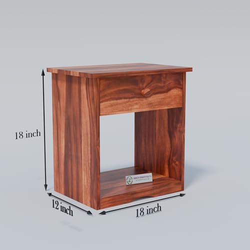 Image of Jangid Handicraft Solid Sheesham Wood Bedside Table with Drawer | Nightstand for Bedroom, Living Room & Home Decor | Wooden Side Table with Storage Shelf & Drawer, Natural Finish