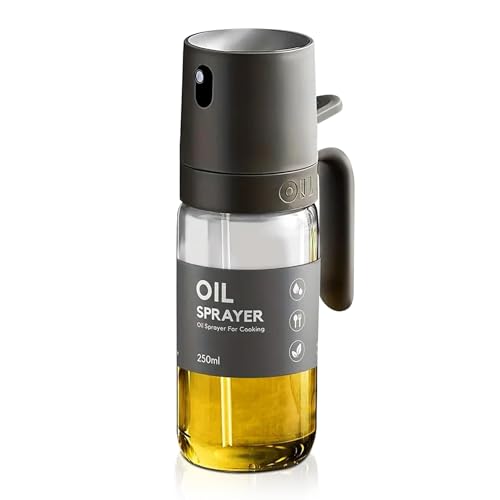 Oil Sprayer Bottle, 250ml Glass Container with Mist Spray,Olive Oil Spray Bottle for AirFryer, Salad, BBQ, Kitchen Baking, Roasting,High Borosilicate Glass Sprayer Mister, Grey
