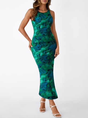 Image of Trendy Queen Bodycon Maxi Dress Womens Sleeveless Floral Print Fitted Party Club Ruched Dresses with Side Slit