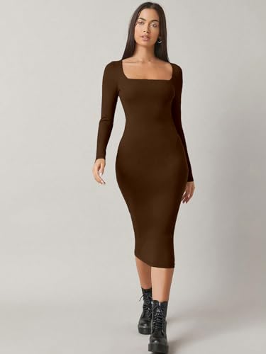 Image of Aahwan White Solid Square Neck Solid Midi Bodycon Dress for Women's & Girl's