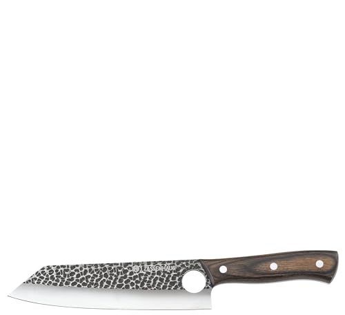Zassenhaus Cuchillo de chef Hunter de 19 cm, hoja de acero hecho a mano con agujero, mango de madera de Pakka, con funda de piel, para la cocina o como cuchillo de cocinero al aire libre, cuchillo de